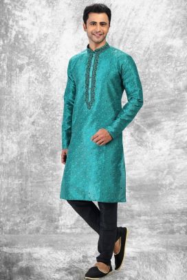 Jaquard Silk Brocade Teal Green Kurtas for Men (KFM-6602)