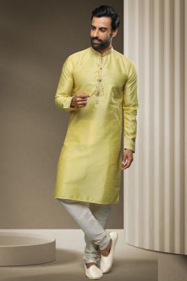 Lemon Jaquard Silk Brocade Kurta Pajama (KFM-5948)