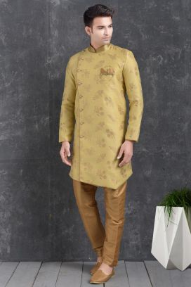 Lemon Yellow Jaquard Silk Brocade Indo Western Kurta (KFM-5009)