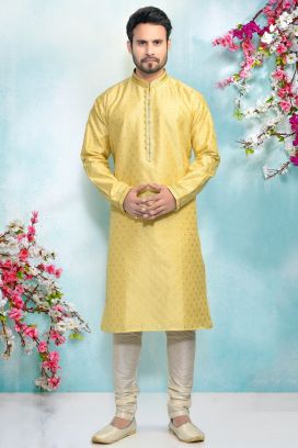 Lemon Yellow Jaquard Silk Brocade Kurta Pajama (KFM-4882)