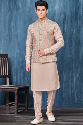 Light Beige Art Banarasi Silk Nehru Jacket (KFM-7379)