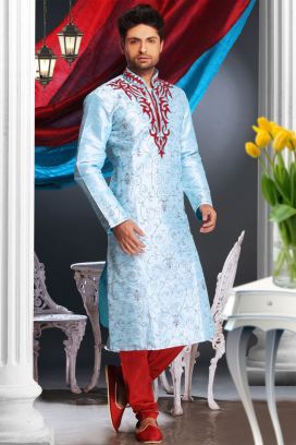 Light Blue Art Dupion Kurta Pajama (KFM-1581)