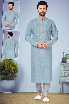 Light Blue Printed Cotton Silk Mens Kurta (KFM-4854)