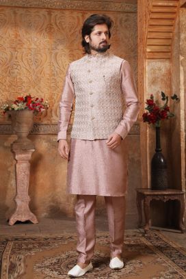 Light Brown Art Banarasi Silk Nehru Jacket (KFM-5603)