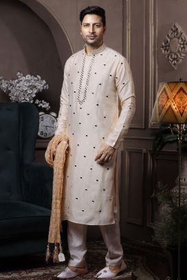 Light Cream Silk Kurta Pajama (KFM-6035)