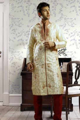 Light Gold Art Dupion Designer Kurta Pajama (KFM-1039)