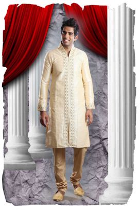 Light Gold Art Dupion Kurta Pajama (KFM-1354)