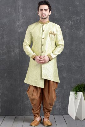Light Green Jaquard Silk Brocade Indo Western Kurta (KFM-4995)