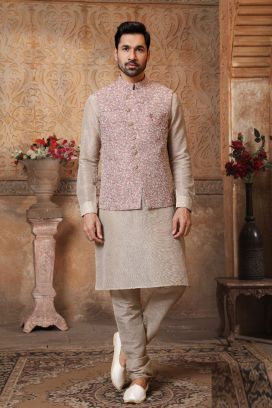 Light Grey Art Banarasi Silk Nehru Jacket (KFM-5610)