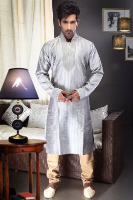 Light Grey Art Dupion Kurta Pajama (KFM-1469)
