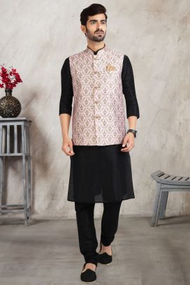 Light Pink Banarasi Silk Nehru Jacket (KFM-5689)
