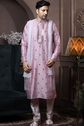 Light Pink Silk Kurta Pajama (KFM-6038)