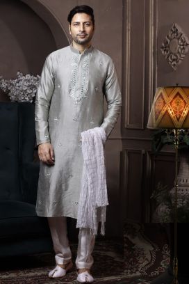 Light Pista Green Silk Kurta Pajama (KFM-6039)
