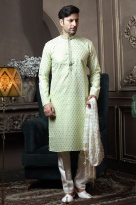 Light Pista Silk Kurta Pajama (KFM-6057)