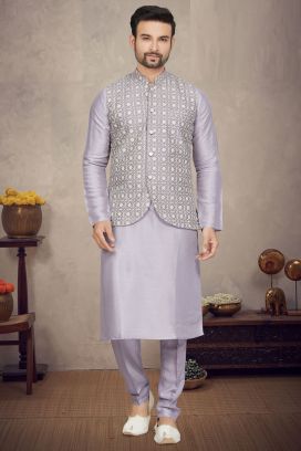 Light Purple Tussar Silk Mens Nehru Jacket (KFM-6971)