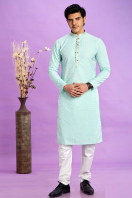 Light Teal Green Jaquard Silk Kurta Pajama (KFM-7570)