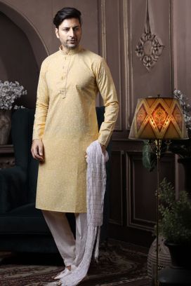Light Yellow Silk Kurta Pajama (KFM-6060)