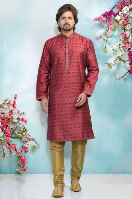 Magenta Jaquard Silk Brocade Kurta Pajama (KFM-4929)