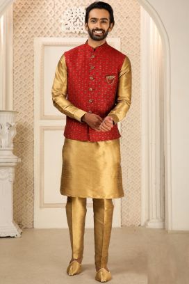 Maroon Art Banarasi Silk Nehru Jacket (KFM-6299)