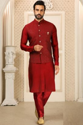 Maroon Art Banarasi Silk Nehru Jacket (KFM-6321)