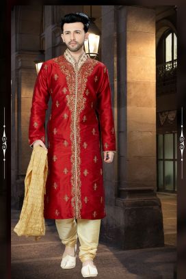 Maroon Art Dupion Designer Kurta Pajama (KFM-3794)