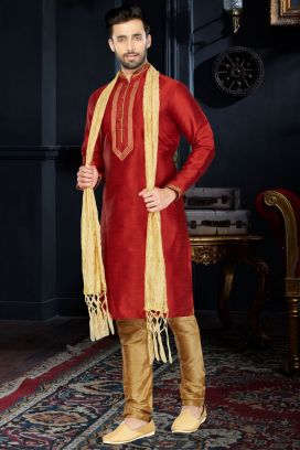 Maroon Art Dupion Kurta Pajama (KFM-3408)