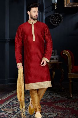 Maroon Art Dupion Kurtas for Men (KFM-3447)