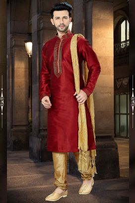 Maroon Art Dupion Regular Kurta Pajama (KFM-3804)