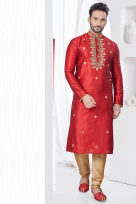 Maroon Art Silk Mens Kurta Pajama (KFM-7805)