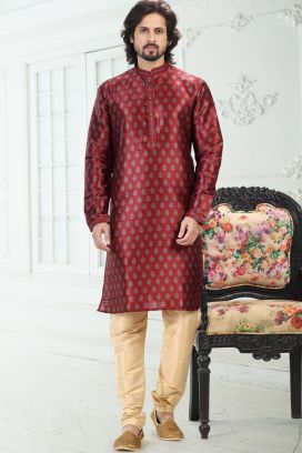 Maroon Banarasi Silk Kurta Pajama (KFM-6698)