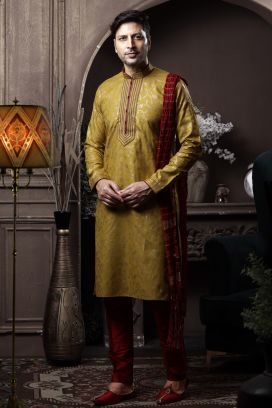 Mehendi Green Silk Kurta Pajama (KFM-6085)
