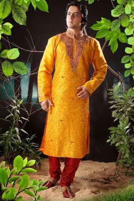 Mustard Art Dupion Designer Kurta Pajama (KFM-1167)