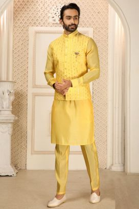 Mustard Art Silk Nehru Jacket (KFM-6341)