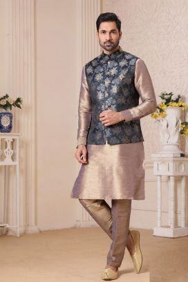 Navy Blue Art Banarasi Silk Nehru Jacket (KFM-5634)