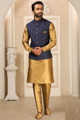 Navy Blue Art Banarasi Silk Nehru Jacket (KFM-6300)