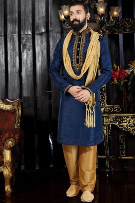 Navy Blue Art Dupion Kurta(KFM-3357)