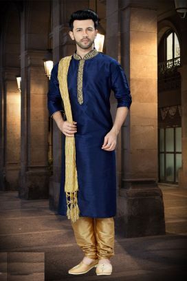 Navy Blue Art Dupion Regular Kurta Pajama (KFM-3759)