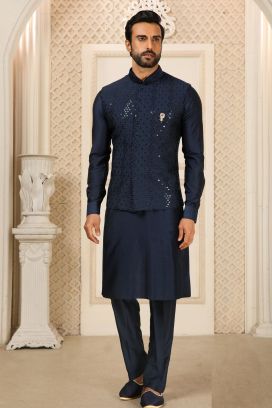 Navy Blue Art Silk with Mirror Work Nehru Jacket (KFM-6340)