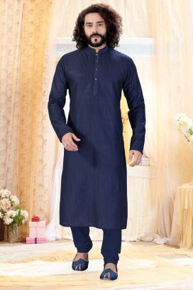 Navy Blue Cotton Silk Kurta Pajama (KFM-4258)
