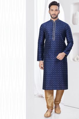 Navy Blue Jaquard Kurta Pajama for Men (KFM-7810)