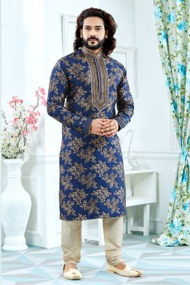 Navy Blue Jaquard Kurta Pajama (KFM-4149)
