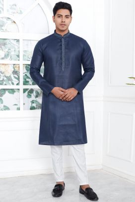Navy Blue Linen Cotton Kurta Pajama (KFM-7595)