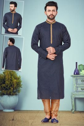 Navy Blue Printed Cotton Silk Kurta Pajama (KFM-4849)