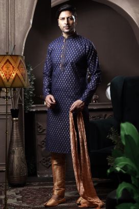 Navy Blue Silk Casual Kurta for Men (KFM-6079)