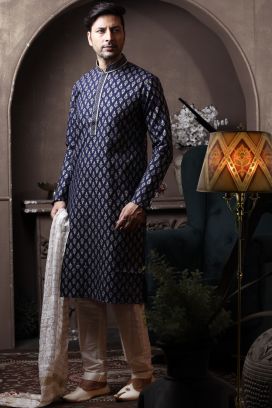 Navy Blue Silk Kurtas for Men (KFM-6077)