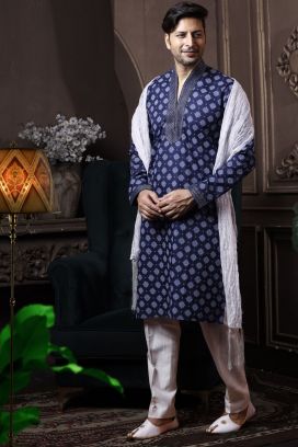 Navy Blue Silk Mens Kurta Pajama (KFM-6058)