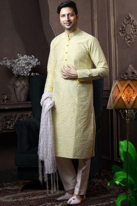 Neon Yellow Silk Kurta Pajama (KFM-6052)