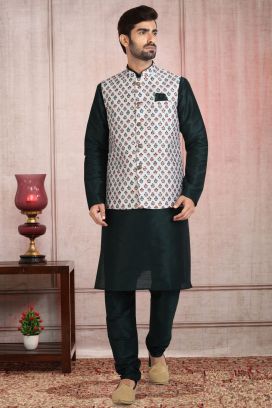 Off White Banarasi Silk Mens Nehru Jacket (KFM-5687)