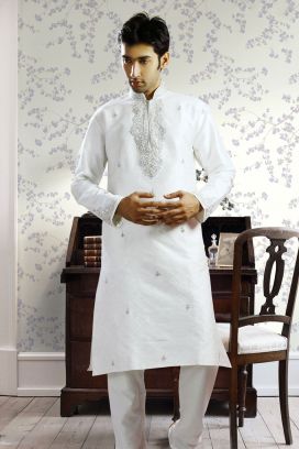 Off White Jacquard Designer Kurta Pajama (KFM-1032)