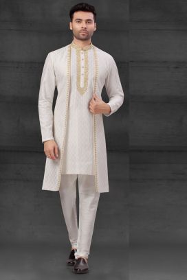 Off White Silk Indo Western Kurta Pajama (KFM-6005)